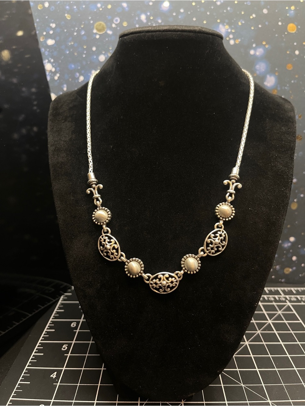 Brighton Barcelona Silver Tone Cut-Out Scroll Oval Brushed Link Necklace
